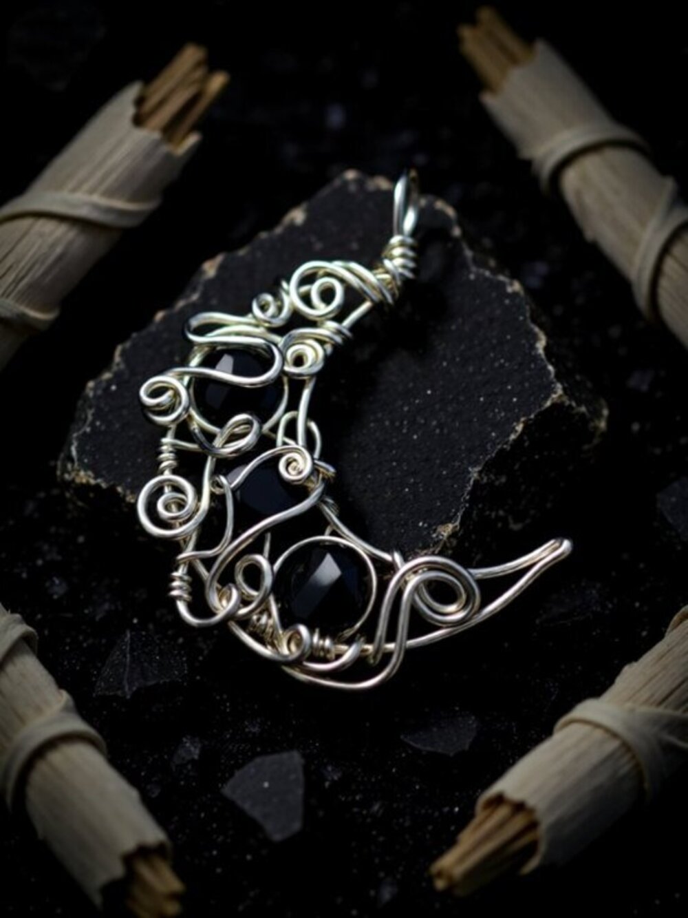 Wire Wrapped Crescent Moon Pendant w. Black Agates! Lunar! Handmade & Unique!